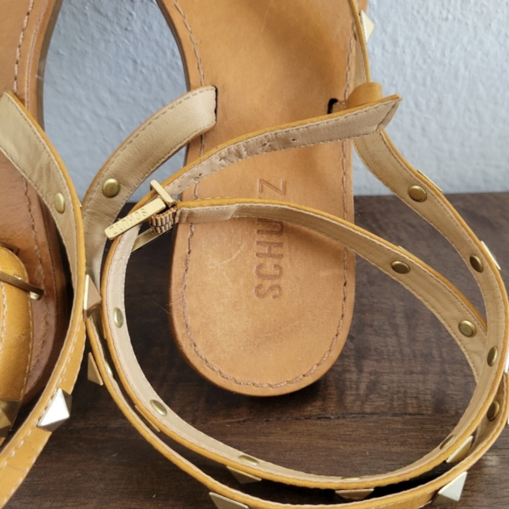 SCHUTZ Courtney Studded Gladiator Wrap Sandals 6.5 - Tan Leather - Picture 7 of 9